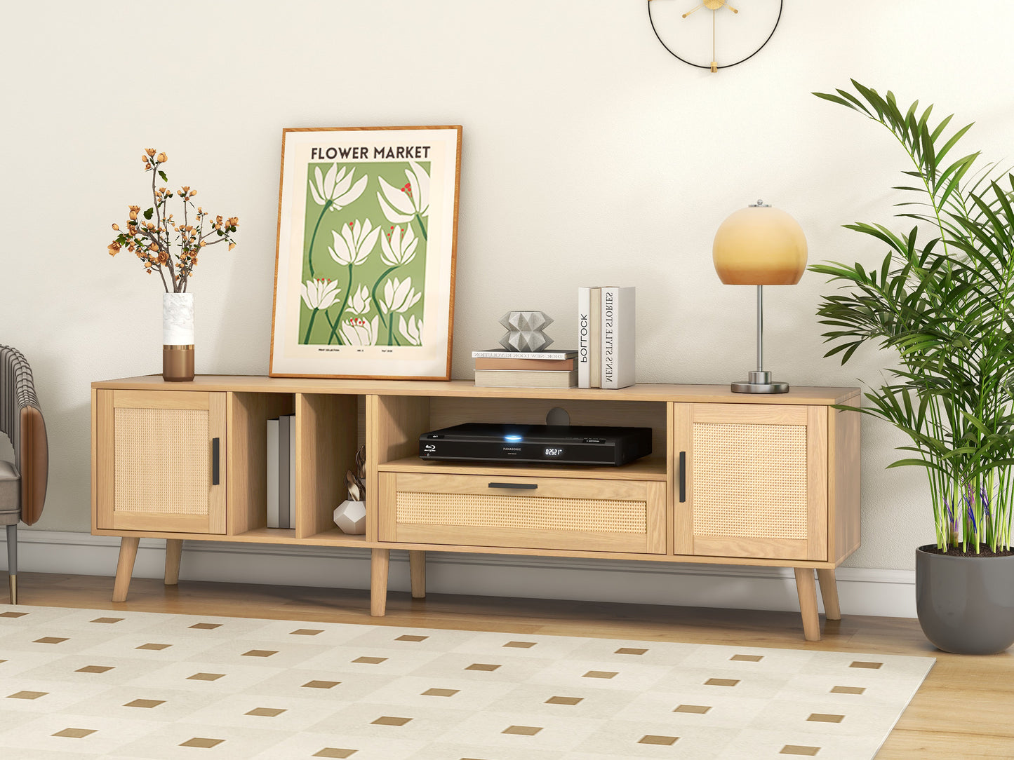 Vine TV Stand with 2 Cabinets and 2 Open Shelves, Solid Wood Legs for TVs Under 80 Inches