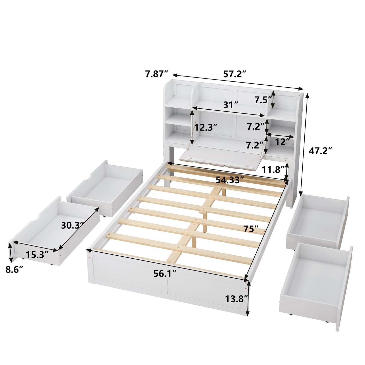 Marco de cama multifuncional de tamaño completo con 4 cajones de almacenamiento debajo de la cama y estantes de varios niveles junto a la cama, color blanco