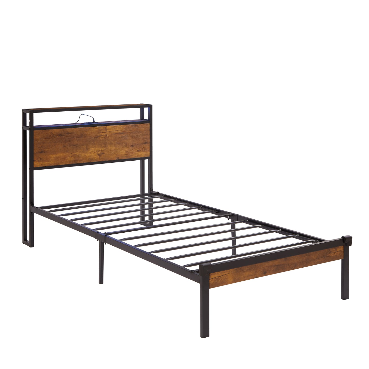 Dual size metal platform bed frame with wooden headboard and footrest, USB LINER, LED lights