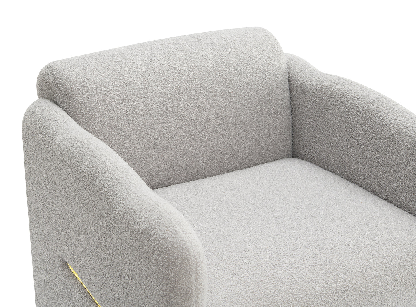 Armchair with wavy armrests, metal decorations on both sides of the armrests, made of Teddy cloth, light gray