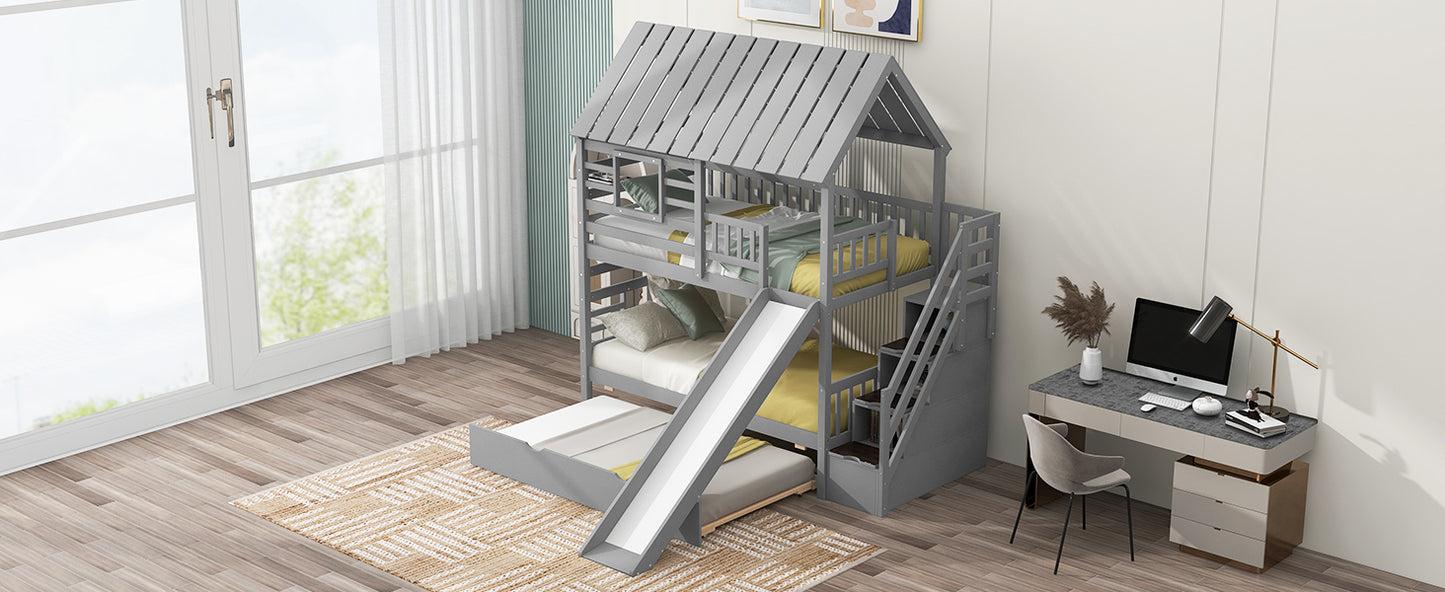 Twin over Twin House Bunk Bed with Trundle and Slide Storage Staircase, Roof and Window Design  Gray