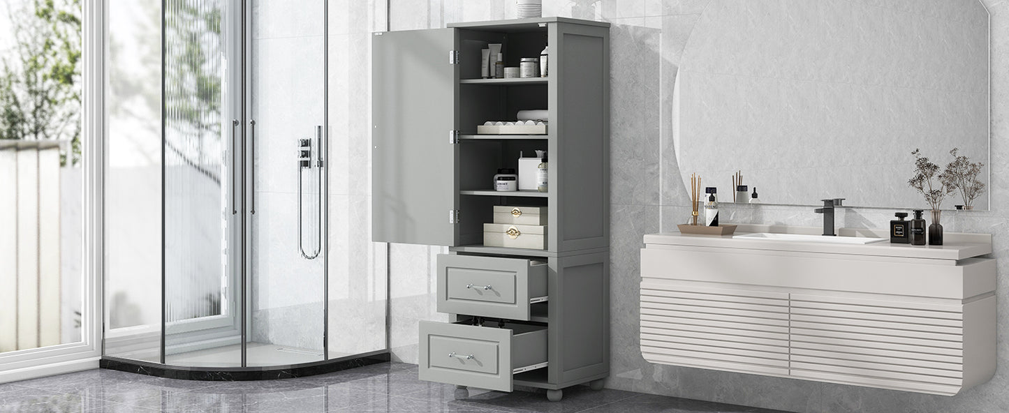 Tall Bathroom Storage Cabinet, Freestanding Storage Cabinet with Two Drawers and Adjustable Shelf, MDF Board , Grey