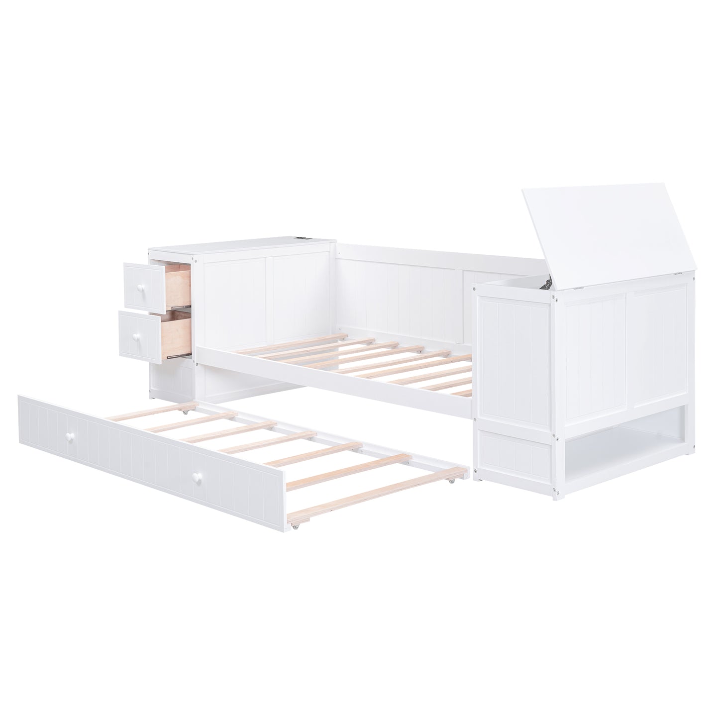 Twin Size Daybed with Storage Arms  Trundle and Charging Station White