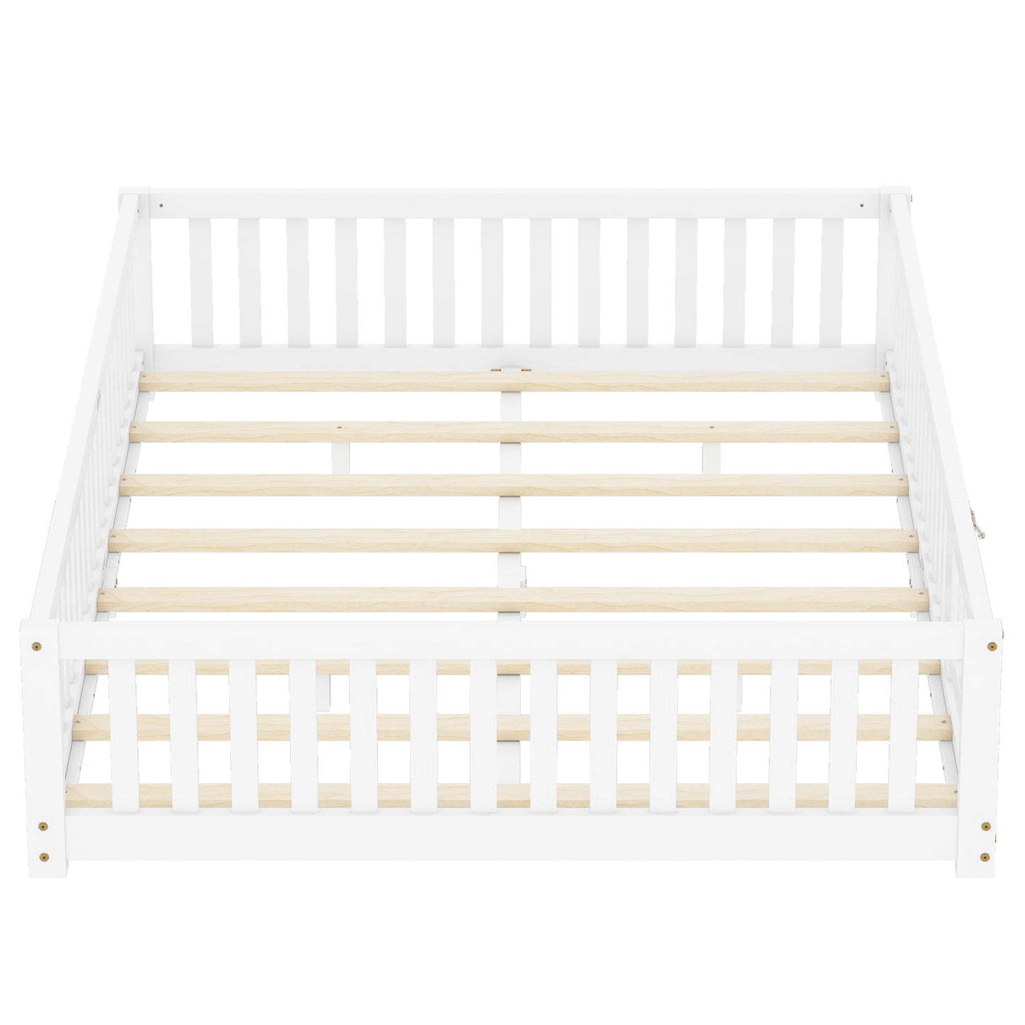 Queen Size Bed Floor Bed with Safety Guardrails and Door for Kids, White