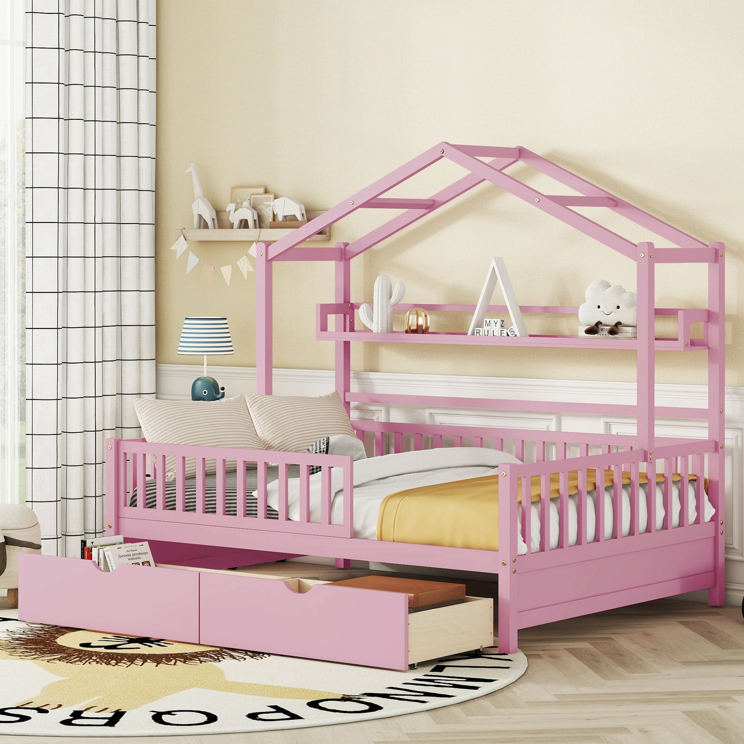 Wooden Full Size House Bed with 2 Drawers Kids Bed with Storage Shelf Pink