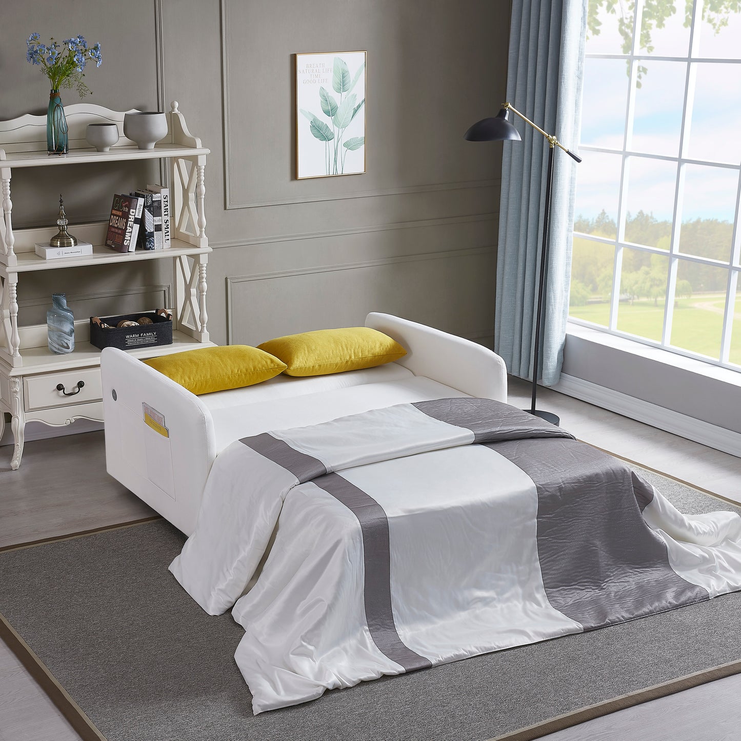 Sofá cama doble en tela color blanco crema, diseño convertible para sentarse y dormir cómodamente