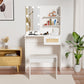 Vanity Desk Set Stool & Dressing Table with LED Lighting Mirror Drawer and Wood Cosmetic Table Chest of Drawers White Color