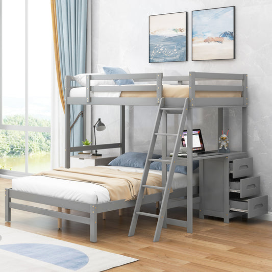 Twin over Full Bunk Bed with Built-in Desk and Three Drawers Grey