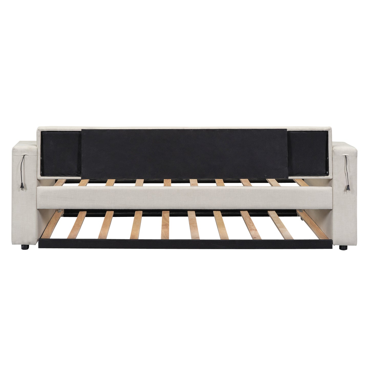 Sofá cama tapizado tamaño twin con brazos de almacenamiento, cama nido y diseño USB, acabado beige