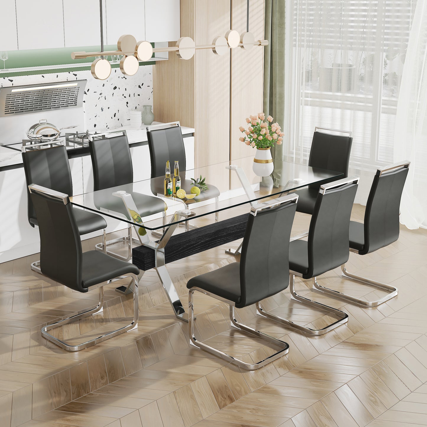 Modern Tempered Glass Dining Table, Large Office Desk with Silver Plated Metal Legs and MDF Crossbars