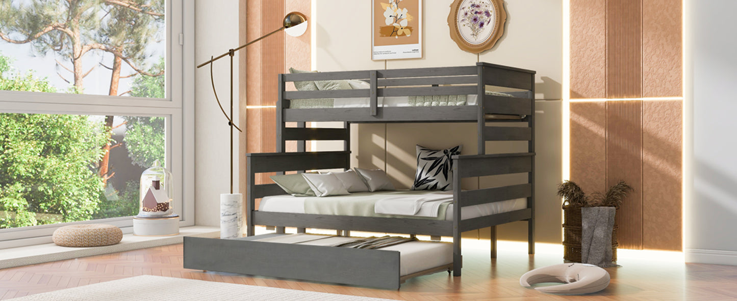 Wood Twin over Full Bunk Bed with Twin Size Trundle  Gray