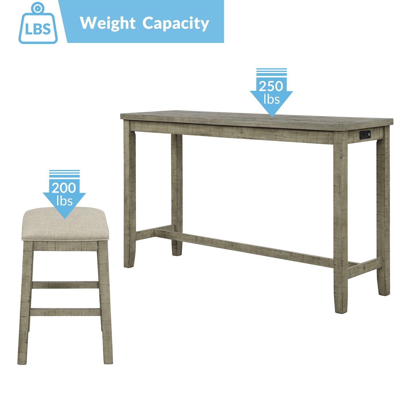 TOPMAX 4-Piece Counter Height Table Set with Fabric Padded Stools, Rustic Bar Dining Set in Gray Green