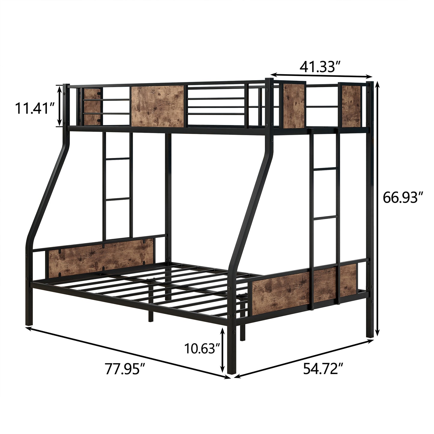 Twin Over Full Metal Bunk Bed Heavy Duty Metal Bed Frame with Safety Rail 2 Side Ladders & Decorative Wood