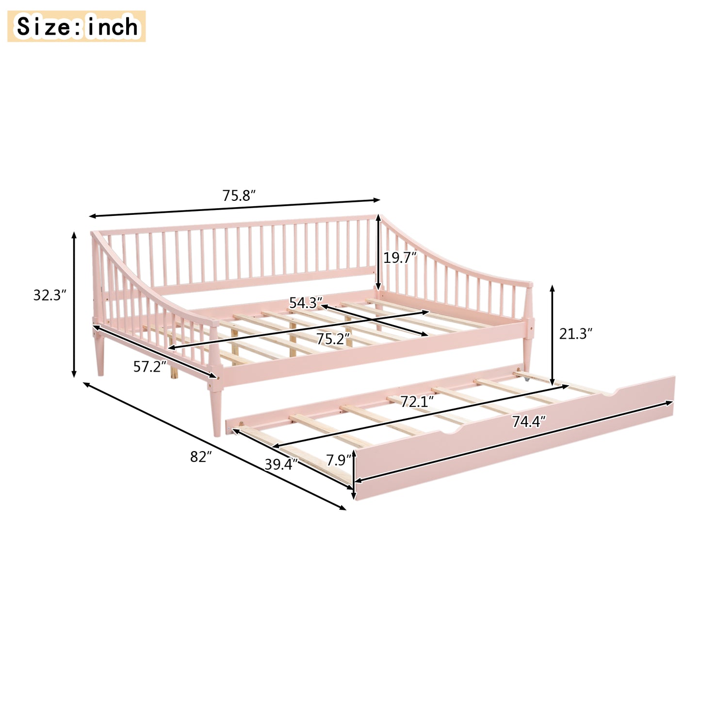 Full Size Daybed with Trundle and Support Legs, Pink Finish for Bedrooms