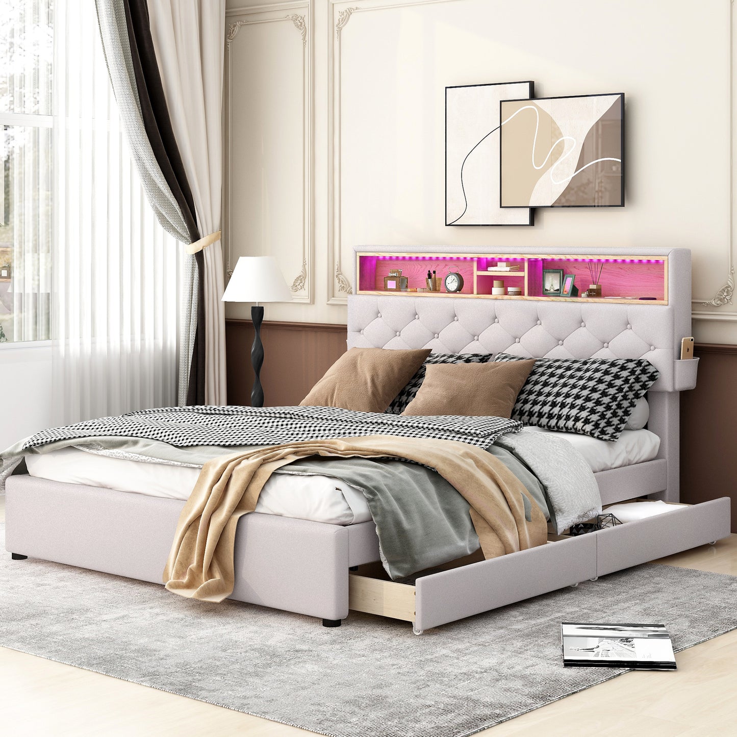 Cama tamaño queen tapizada con plataforma, cabecero con espacio de almacenamiento, luces LED, carga USB y 2 cajones, color beige