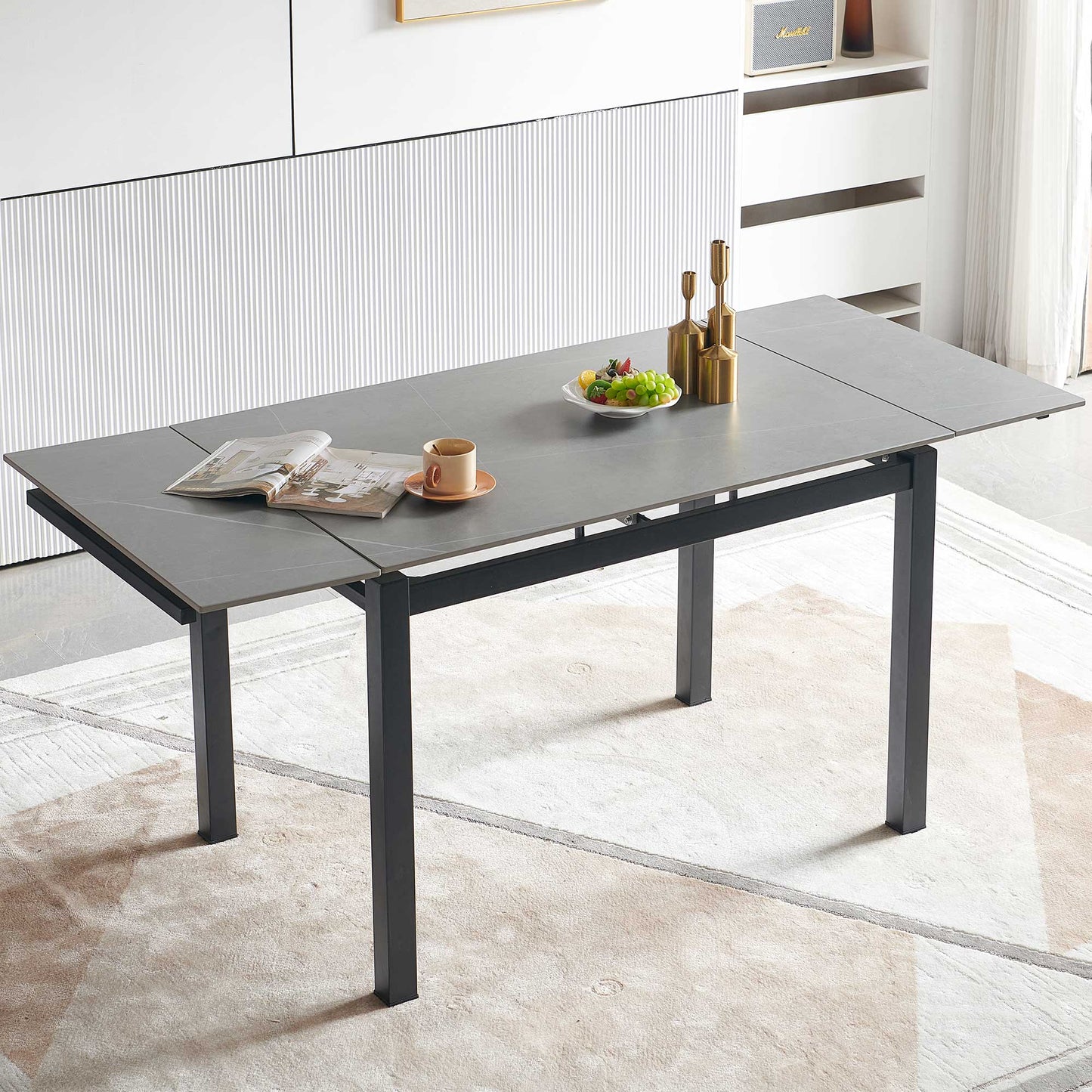 Grey Ceramic Modern Rectangular Expandable Dining Room Table For Space-Saving Kitchen Small Space -Table