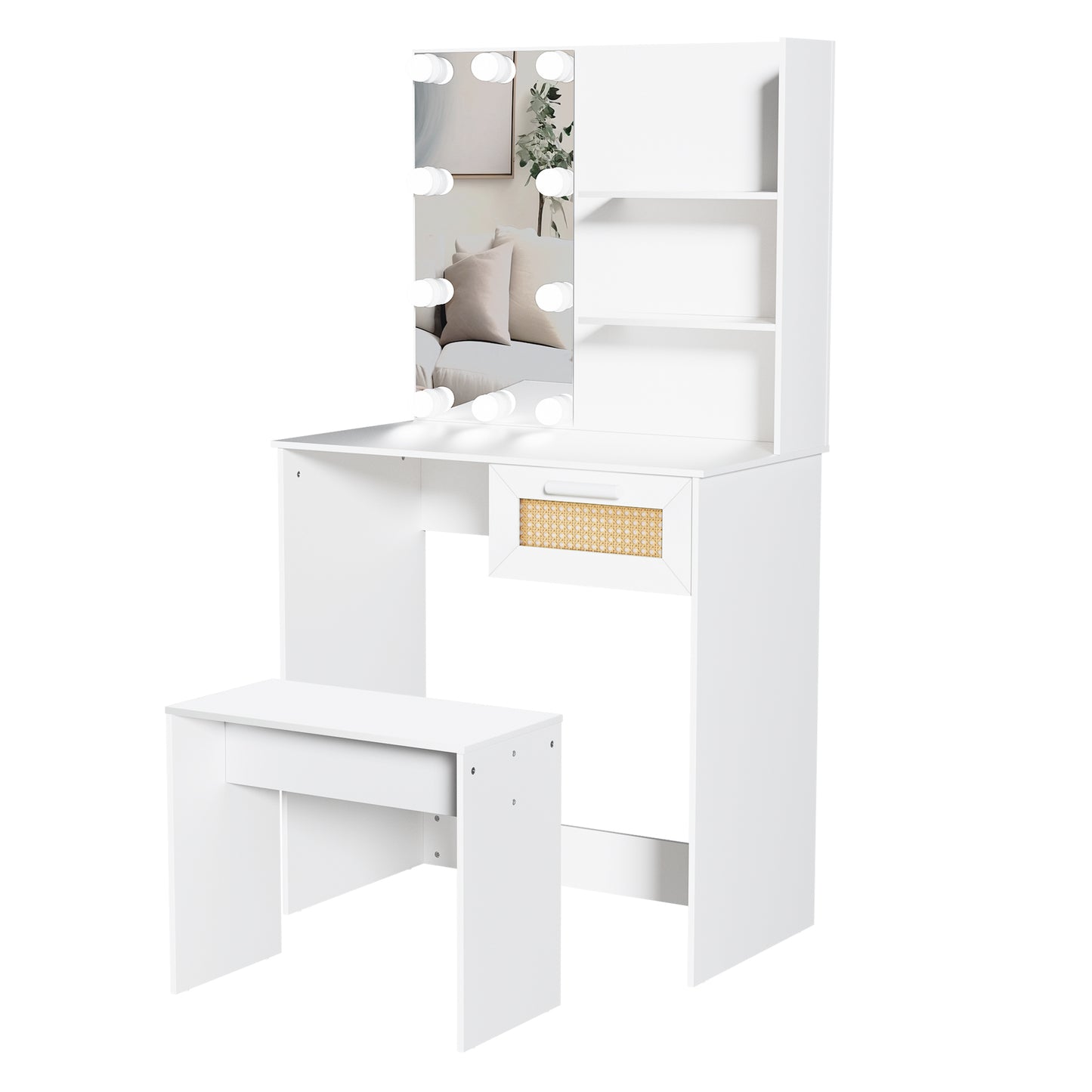 Vanity Desk Set Stool & Dressing Table with LED Lighting Mirror Drawer and Wood Cosmetic Table Chest of Drawers White Color