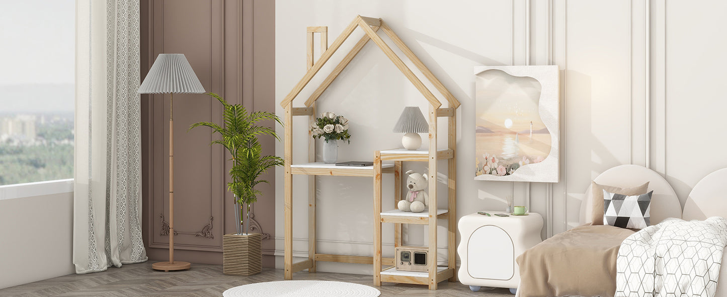 House-shaped Wooden writing Desk Kids study Table Bookshelf & Toy Storage Natural