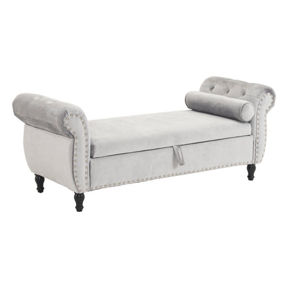 Velvet Multifunctional Storage Ottoman Bench with 1 Pillow, Stylish and Practical for Living Rooms, Grey