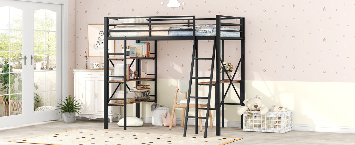 Twin Size Metal Loft Bed with Shelves and Desk, Black