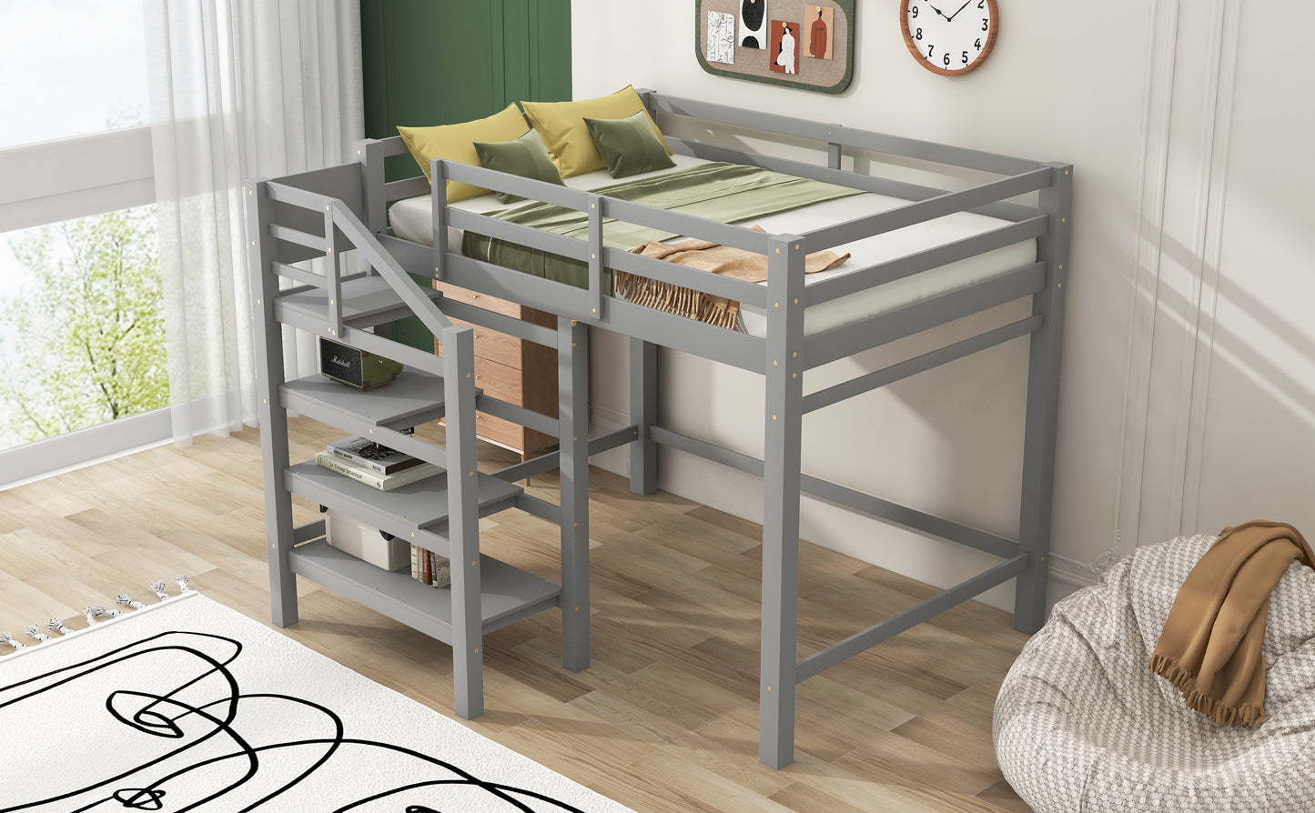 Full Size Loft Bed with Built-in Storage Staircase and Hanger for Clothes, Gray