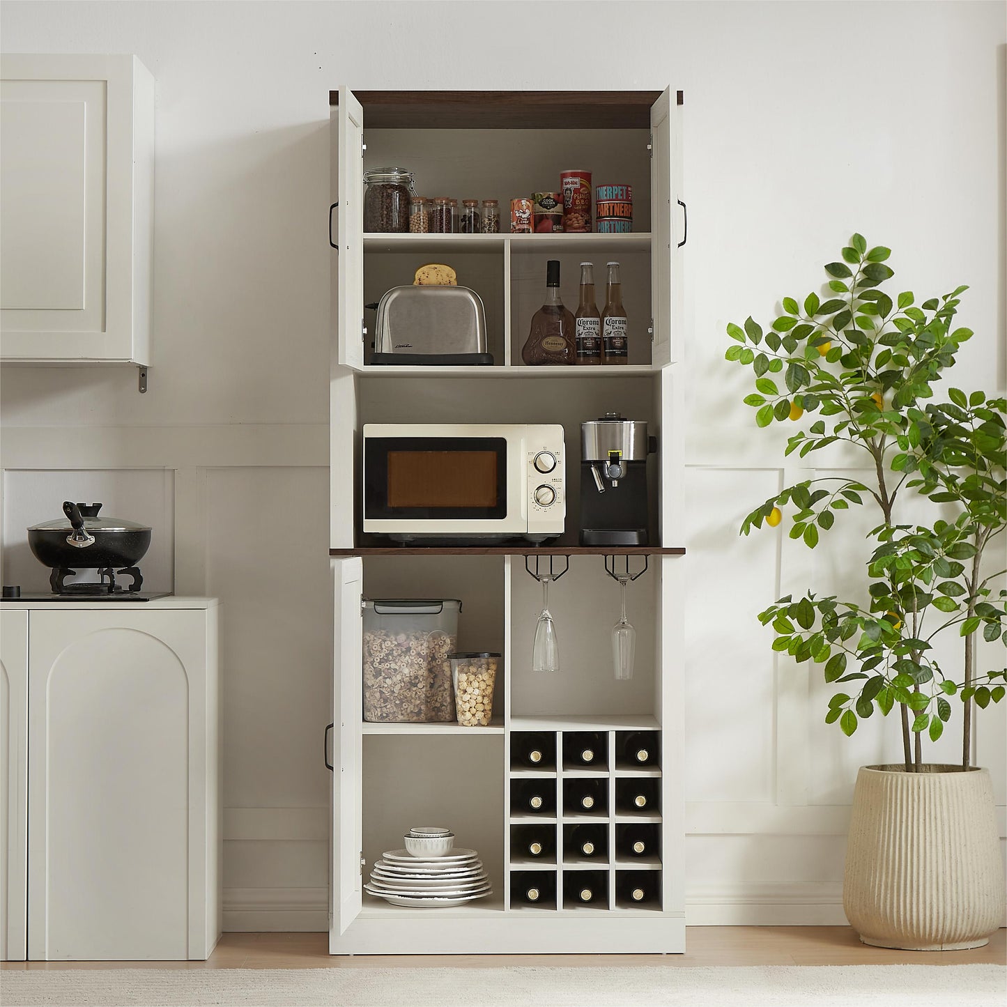 76-Inch Tall Farmhouse Kitchen Faux Rattan Wine Cabinet with Square Compartments and Shelves