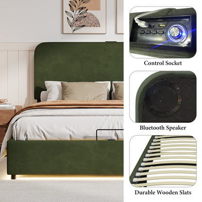 Hydraulic Storage Bed with LED Lights Green