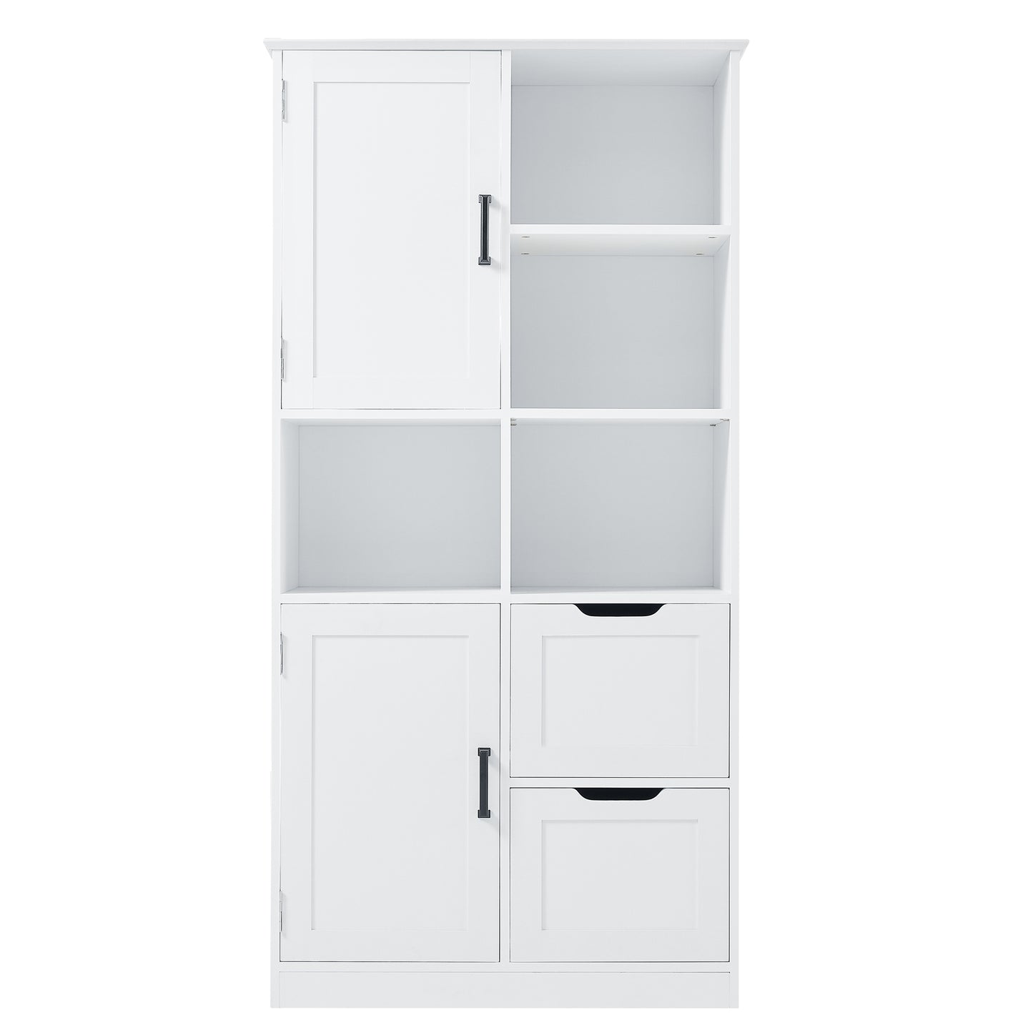 Bathroom storage cabinet with doors and drawers, multiple storage spaces, independent, open adjustable shelves, white