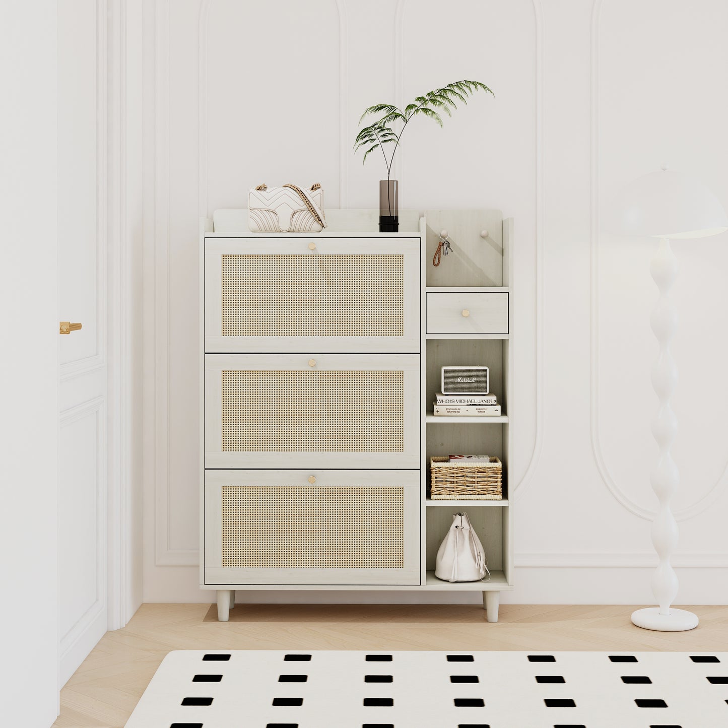 Natural Bohemian style shoe cabinet with 3 rattan flip drawers, 3 square shelves, and 1 storage drawer, white