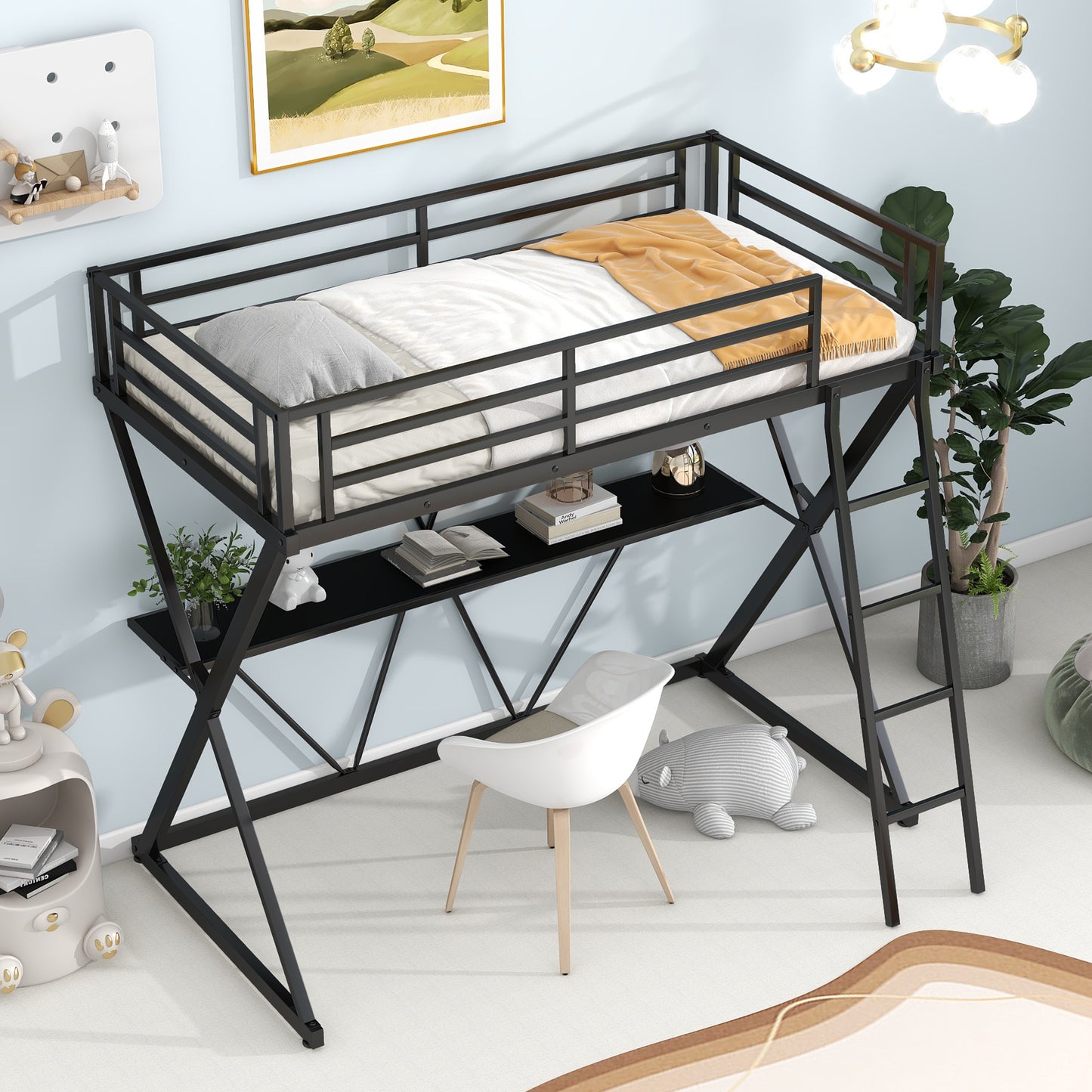 Twin Size Loft Bed with Desk Ladder and Full-Length Guardrails  X-Shaped Frame Black