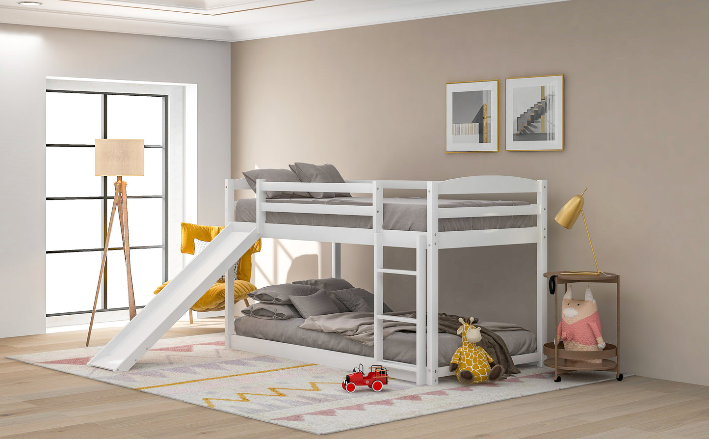 Twin over Twin Bunk Bed with Convertible Slide and Ladder   White