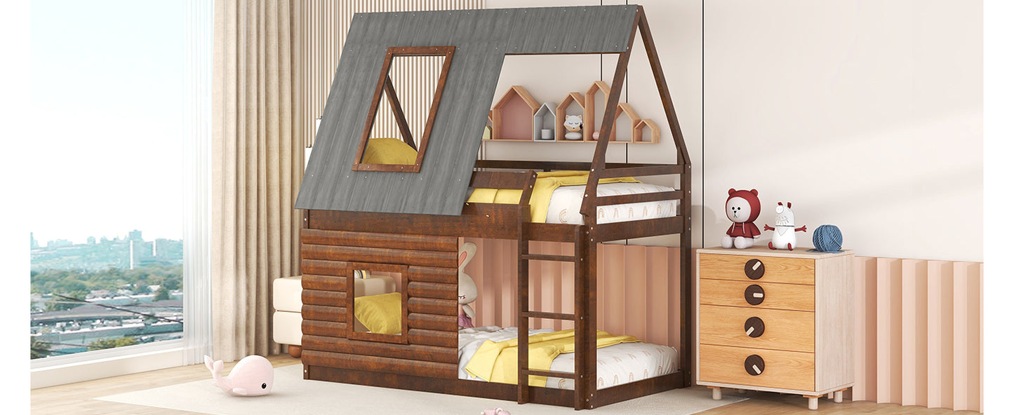 Wood Twin Size House Bunk Bed with Roof, Ladder and 2 Windows, Oak & Smoky Grey