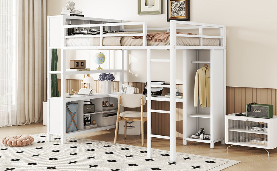 Metal loft bed with wardrobe and L-shaped desk, full-size loft bed with storage cabinet and shelf, white