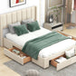 Full Size Upholstered Platform Bed with One Large Drawer in Footboard and Drawers on Each Side, Beige