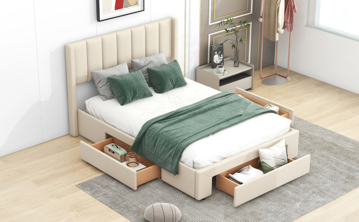 Full Size Upholstered Platform Bed with One Large Drawer in Footboard and Drawers on Each Side, Beige