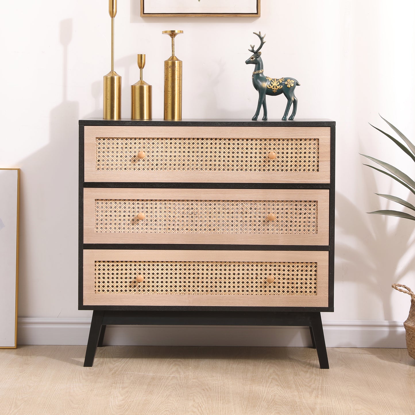 3-Drawers Rattan Storage Cabinet Rattan Drawer,for Bedroom,Living Room,Natural drawer and black panel