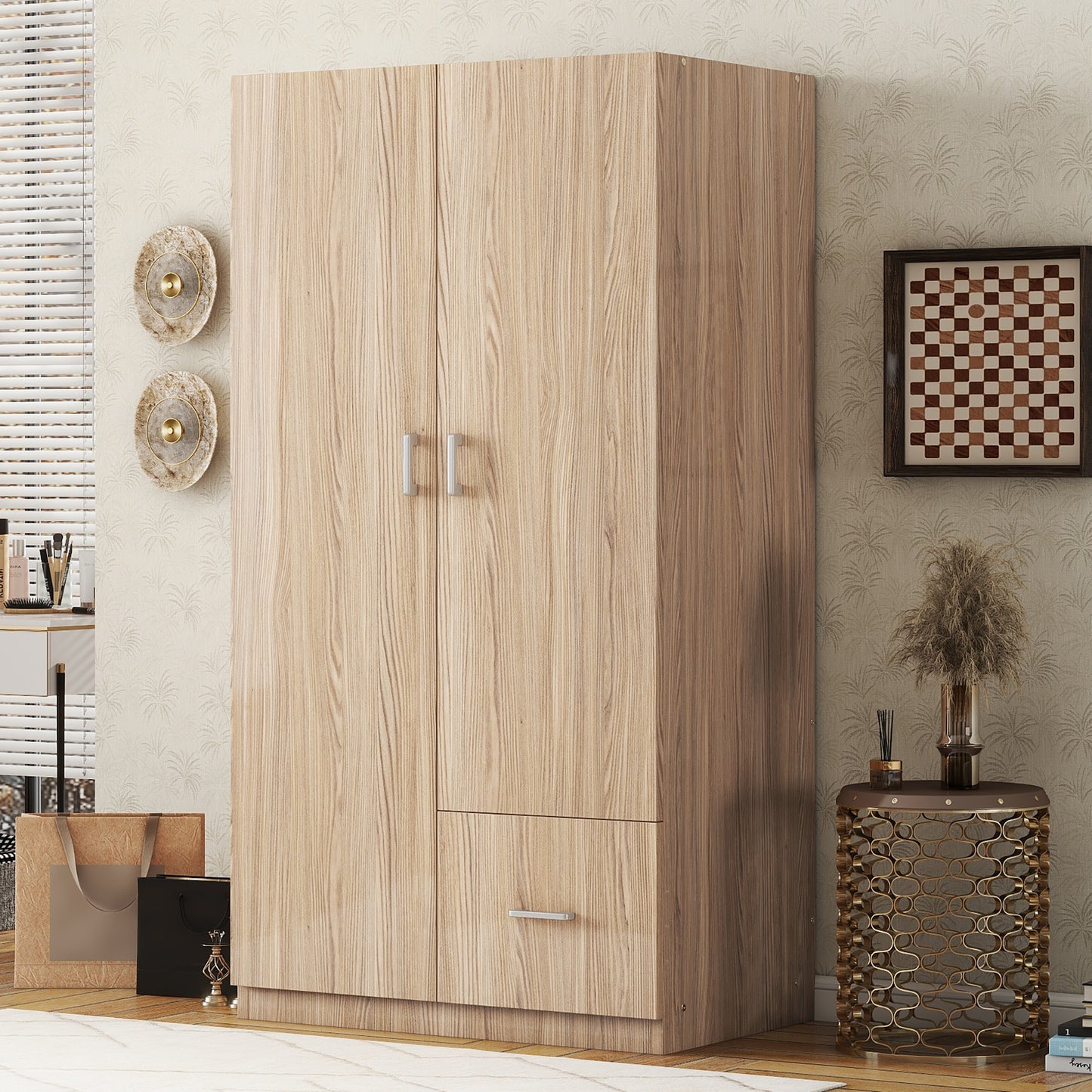 Wooden Wardrobe with Double Doors, Armoire with Hanging Rod, 5 Fixed Shelves, and 1 Drawer, Natural Finish