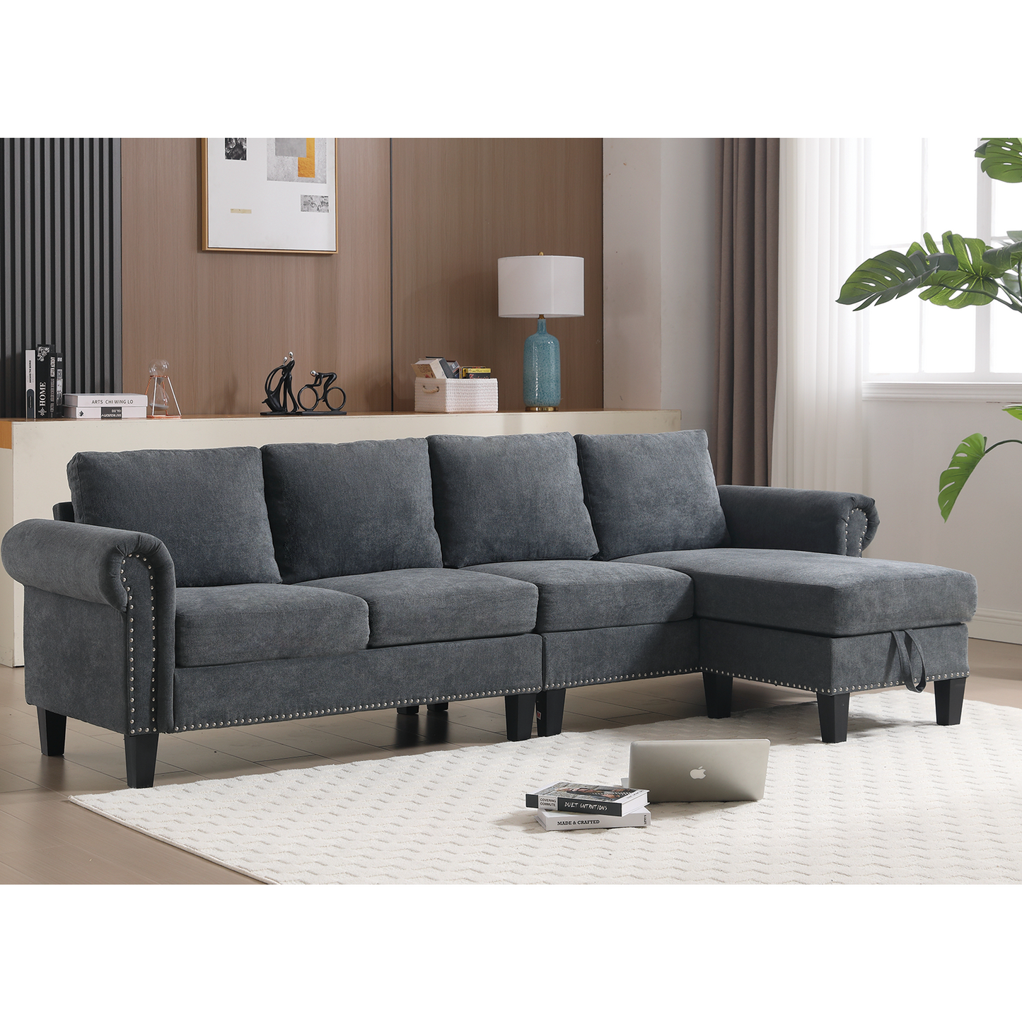 Convertible Sectional Sofa with Storage, L-Shaped Design in Modern Linen Fabric, Gray for Living Rooms