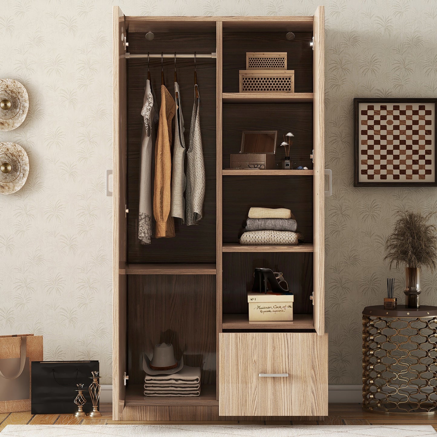 Wooden Wardrobe with Double Doors, Armoire with Hanging Rod, 5 Fixed Shelves, and 1 Drawer, Natural Finish