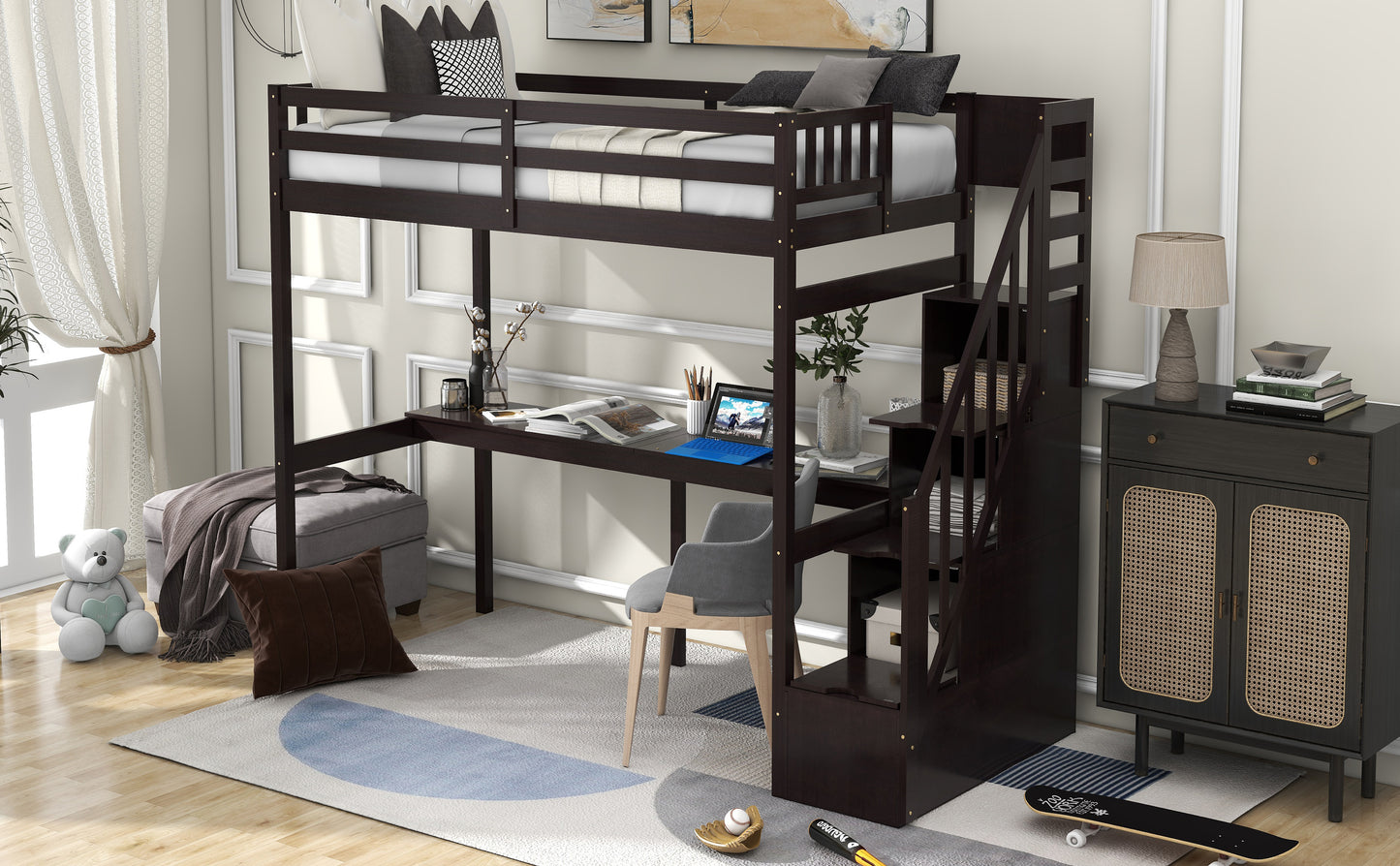 Twin Size Loft Bed with Storage Staircase and Built-in Desk Espresso