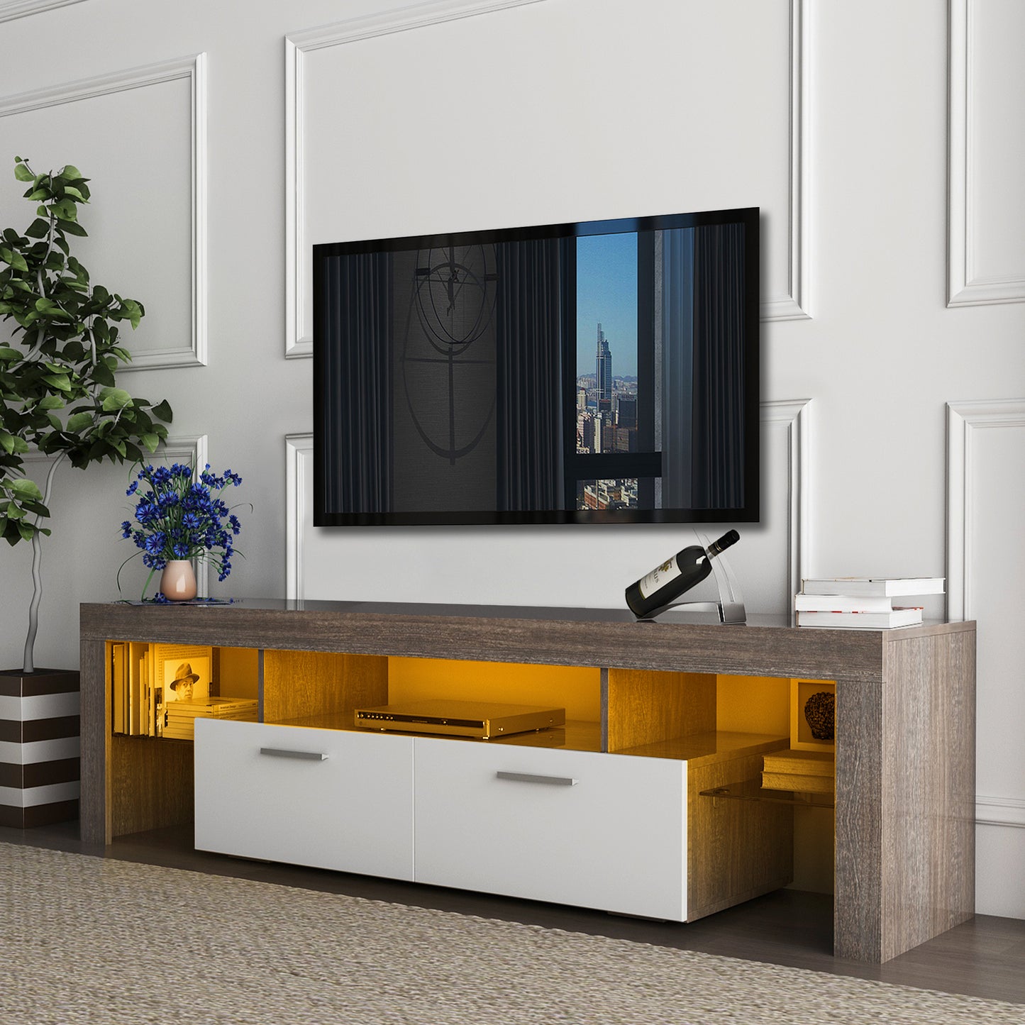 20 minutes quick assembly brown simple modern TV stand with the toughened glass shelf Floor cabinet Floor TV wall cabinet