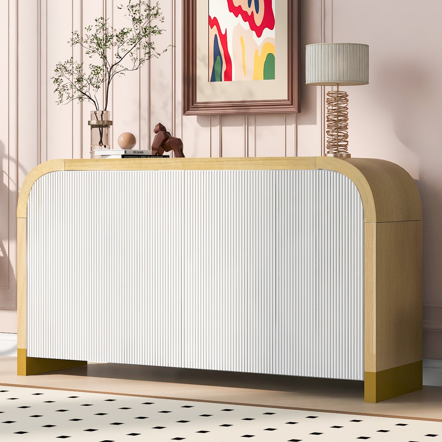 U-STYLE Four-Door Curved Corner Cabinet with Wavy Door Panels, Adjustable Shelves, and Modern White Finish