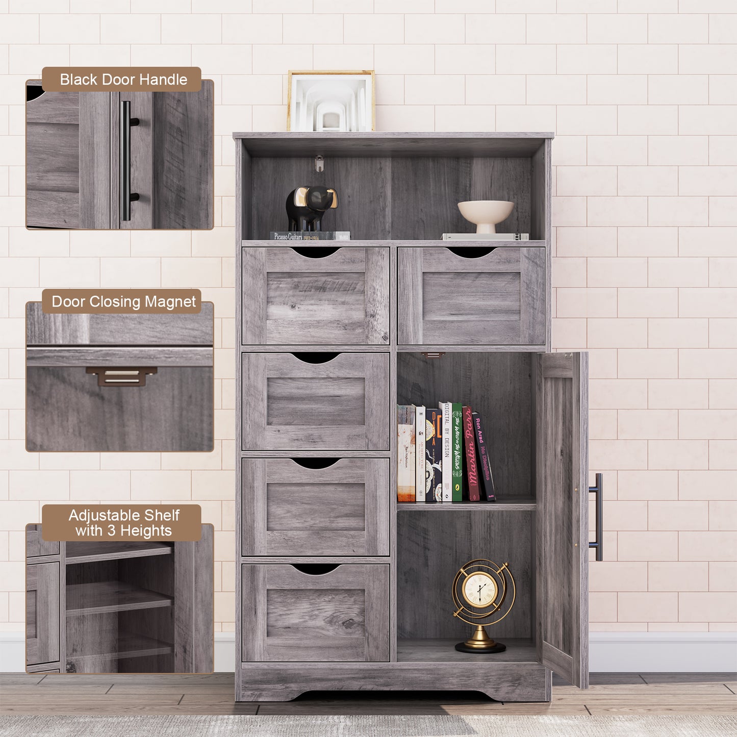 5 Drawers Storage Cabinet with Adjustable Shelves, Bathroom Cabinet with Doors, Floor Cabinet for Living Room Grey