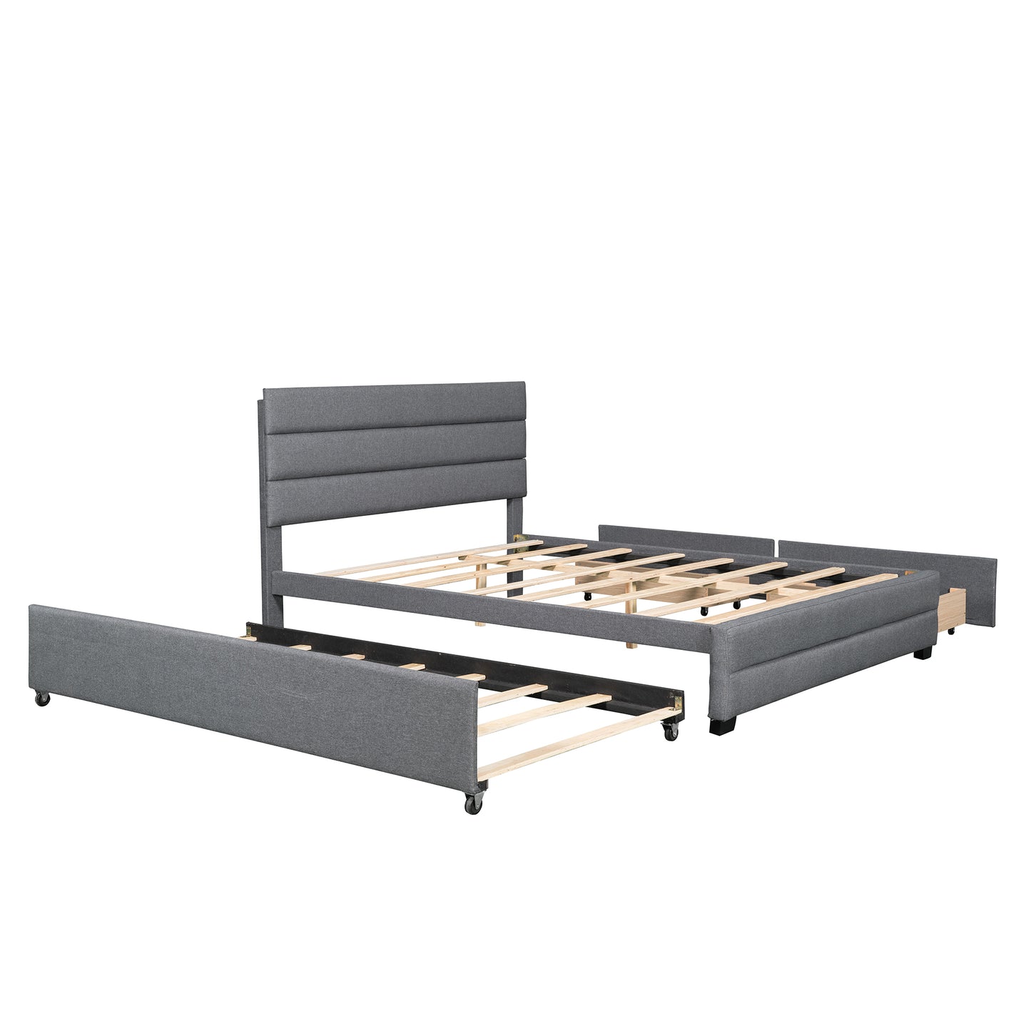 Queen Upholstered Platform Bed with Twin Size Trundle and Two Drawers Grey