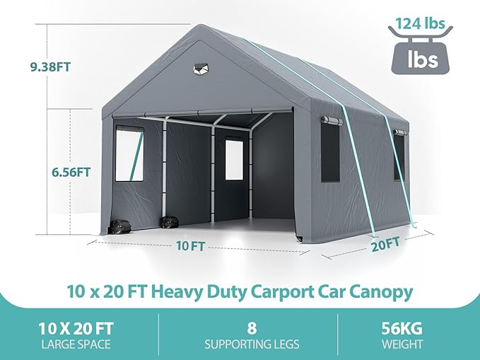 10x20 ultra large portable carport garage with rolling shutter windows and waterproof cloth, metal roof and side walls