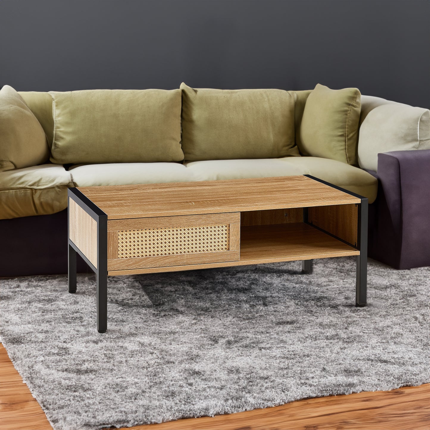 40.16" Rattan Coffee Table with Sliding Door Storage and Metal Legs, Modern Design for Living Rooms