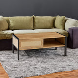 40.16" Rattan Coffee Table with Sliding Door Storage and Metal Legs, Modern Design for Living Rooms