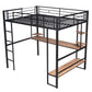 Full Size Loft Metal&MDF Bed with Long Desk and Shelves Black