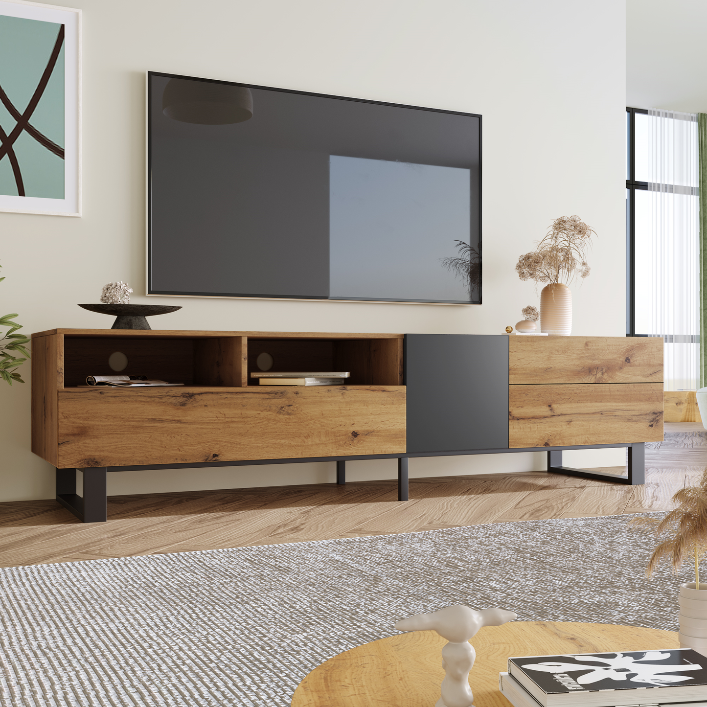 Modern TV Stand for 80-Inch TVs, Double Storage Space Media Console, Sleek Design for Living Rooms