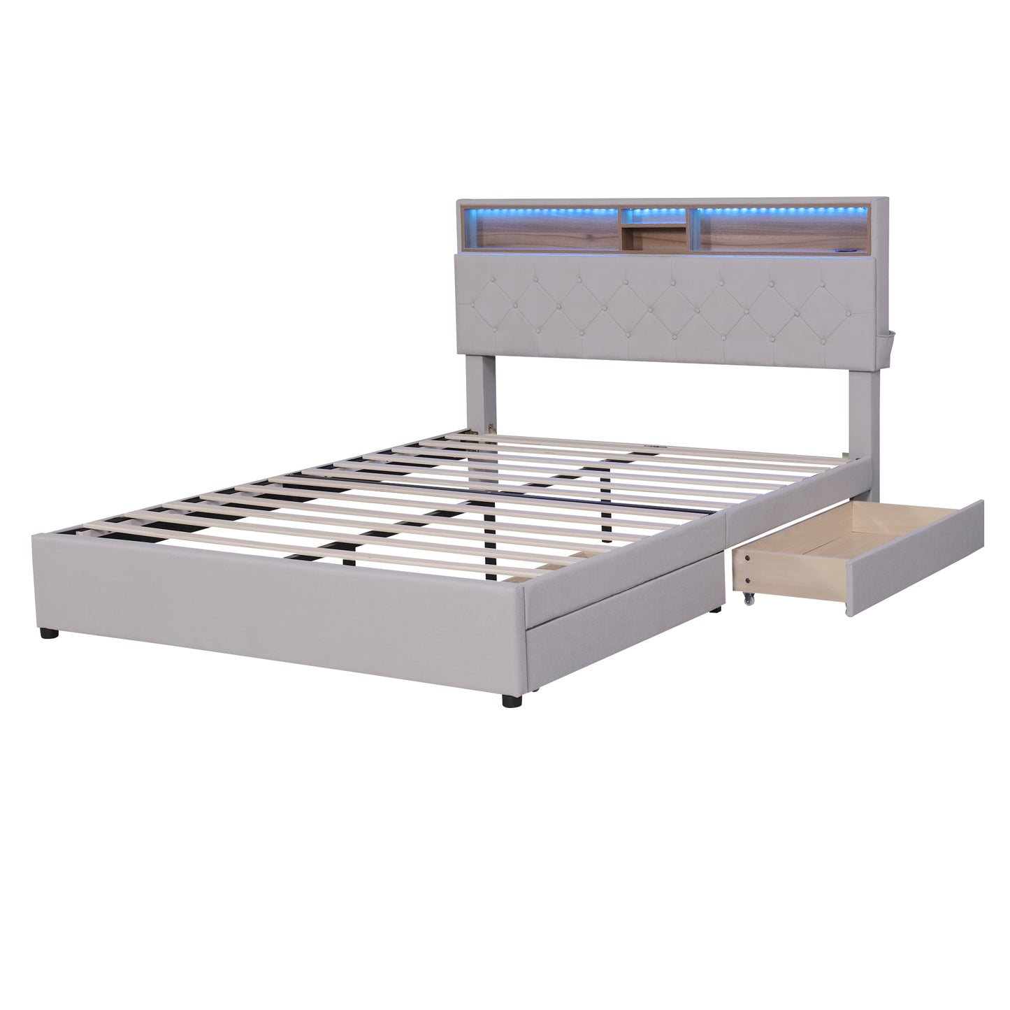 Cama tamaño queen tapizada con plataforma, cabecero con espacio de almacenamiento, luces LED, carga USB y 2 cajones, color beige